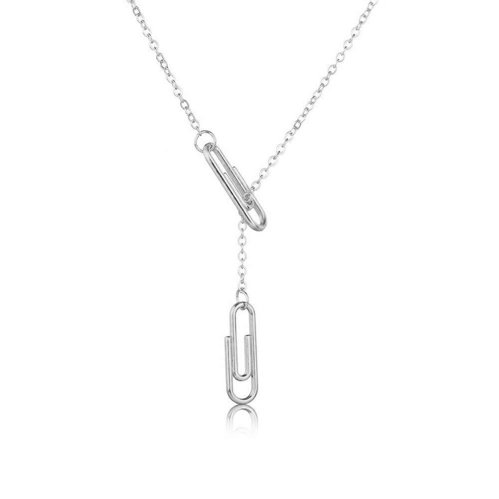 minimalist paperclip pendant y necklace geometric hollow metal frames jewelry (silver)