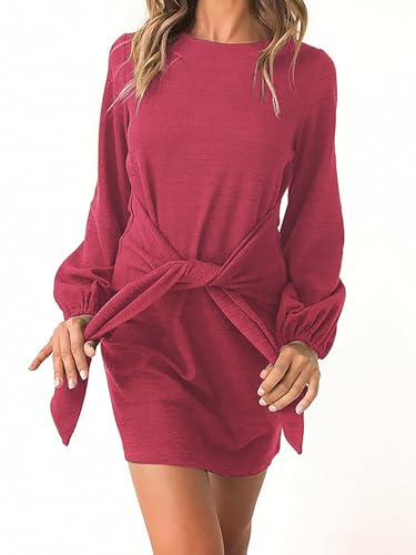Image of PRETTYGARDEN Womens Spring Elegant Long Lantern Sleeve Short Dress Wedding Guest Crewneck Tie Waist Knit Cocktail Dresses