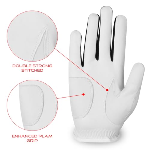 SAWANS Golfhandschuh für Herren, für die Linke und rechte Hand, Rutschfester Ledergriff, Golfhandschuhe für jedes Wetter, weich, langlebig (Weiß, M/L, Linke Hand (für Rechtshänder-Golfer))