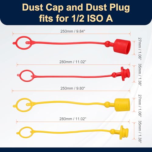 Image of HARFINGTON 2Sets 1 /2 Hydraulic Hose Dust Cap and Plug Kit, ISO-A Male Dust Cap & Female Plug Cover Quick Disconnects Air Coupler Cover Port Plug Fittings with Retention Ring, Red /Yellow
