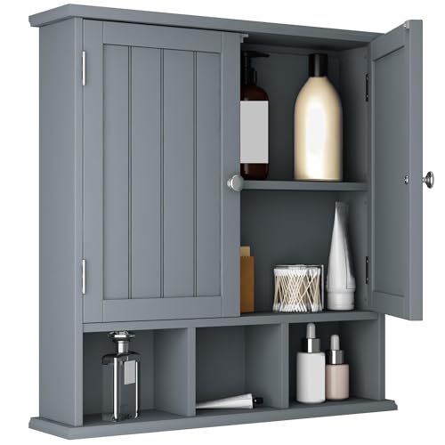 ChooChoo Bathroom Cabinet Wall Mounted 2-Door with 3 Open Shelves, Wooden Medicine Cabinets with Adjustable Shelf, Space Saver Storage Cabinets Over The Toilet for Bathroom&Living Room, Grey