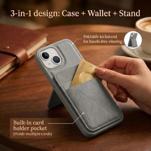 Image of amazon basics Premium Vegan Leather Back Cover with Card Holder and Integrated Mobile Stand for iPhone 14 - Slim Shockproof Wallet Case with Geometric Stitching [Gray]