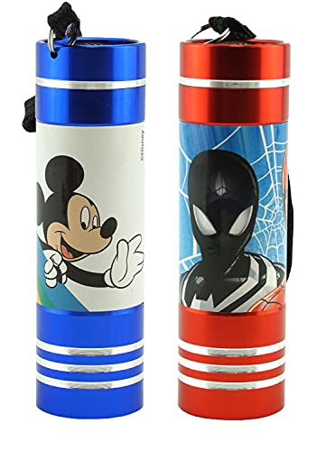 Lot de 2 Torches de Poche en Aluminium 9 LED Personnages de TV Spiderman Rouge et Mickey Mouse Bleu Lampe de Poche Idéal pour Camping Garages Meilleur pour Enfants Garçons 3 ans et plus Cover