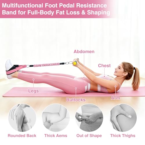 Image of Durable Comfortable Padded Handle Adjustable Pedal Resistance Band 20-40LBS for Full Body Workout (Pink)