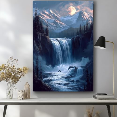 Tableau sur toile cascade de montagne au clair de lune nature 80x120cm