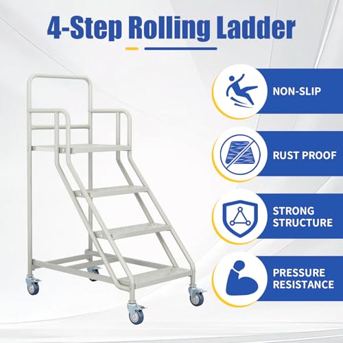 Image of 4 Step Rolling Ladder with Wheels,23.3 inchW x 59 inchH, Industrial & Warehouse Rolling Non-Slip Stairs with Handrails, Steel Platform Ladders, 485LBs Capacity, Easy to Move For Library Goods Shelves