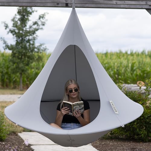 Image of Double Cacoon Hanging Chair for Two - Cozy Indoor /Outdoor Hammock with Polyester Canvas, 440 lb Capacity, Includes 18ft Rope & Carabiner (Moon River)