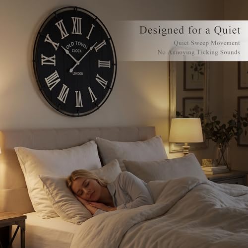Image of EMAX HOME Inch Large Black Wall Clock, Rustic Distressed Wooden Dial with 3D White Roman Numerals, Silent Sweep Movement, High Contrast Farmhouse Decor for Bedroom, Kitchen, or Dining Room.