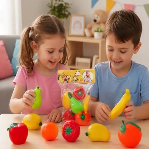 Image of SHAKTISM Pretend Play Plastic Fruits and Vegetables Toys for Kids, Kitchen Food Cooking Toy Set, PVC Material, Realistic Learning Playset for Boys and Girls (Fruit 6Pc Set)