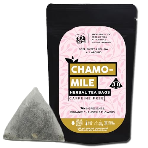 Image of the tea trove Chamomile Tea Bags Organic -30 Pyramid Chamomile Flower Tea Bags In Resealable Pouch- Caffeine Free Camomile - Steep Hot Or Iced|Pack Of 1, 30 Gram