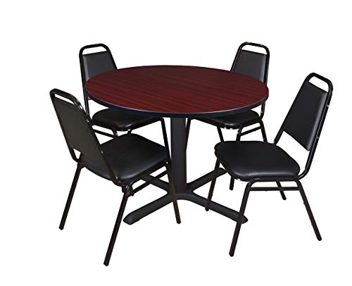 Cain 48\" Round Breakroom Table- Mahogany & 4 Restaurant Stack Chairs- Black