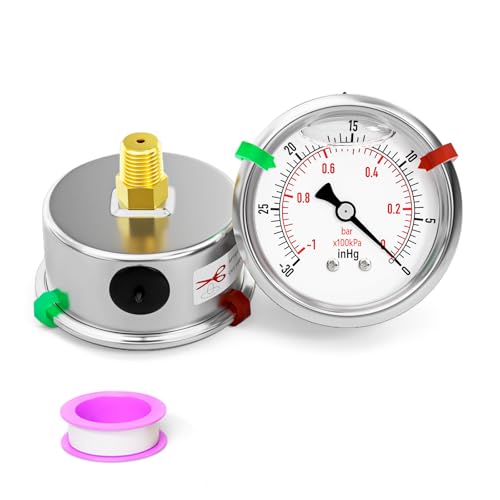 Image of -30inHG-0PSI Stainless Steel Glycerin Liquid Filled Vacuum Pressure Gauge 1 /4 inch NPT 2.5 inch Face Dial, Back Mount, for Water, Oil and Air Pressure Testing (with Range Mark Pointer)