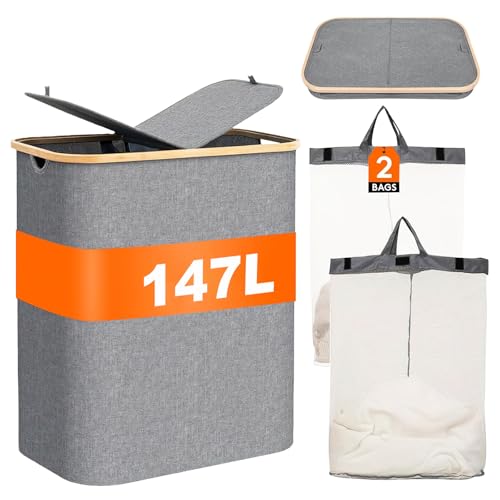 ZYNERY Double Laundry Basket with Removable Bags,150L Laundry Basket with Lid,2 Compartments Washing Basket with 2 Removable Laundry Bags for Light & Dark Clothes,Bedroom,College