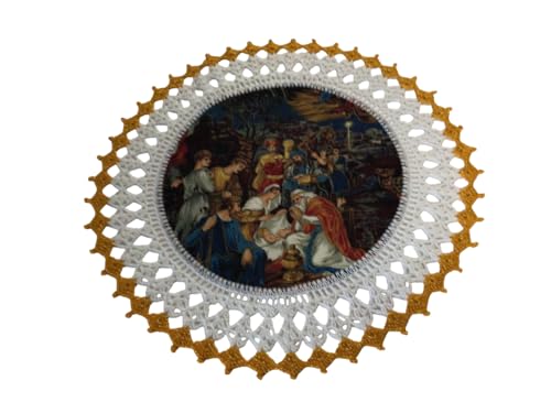 Christmas Doily Nativity Scene Handmade Lace Crocheted 18 Inches White Cotton with Gold Metallic Thread Centerpiece Table Topper Holiday Decoration