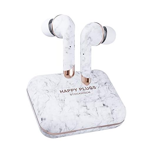 Happy Plugs AIR 1 Plus in-Ear - Ecouteur sans Fil - True Wireless - 100dB - Résistant à la Sueur - Batterie 30 mAh dans Chaque écouteur - Batterie 450mAh dans Le boîtier de Chargement - Blanc Marbre