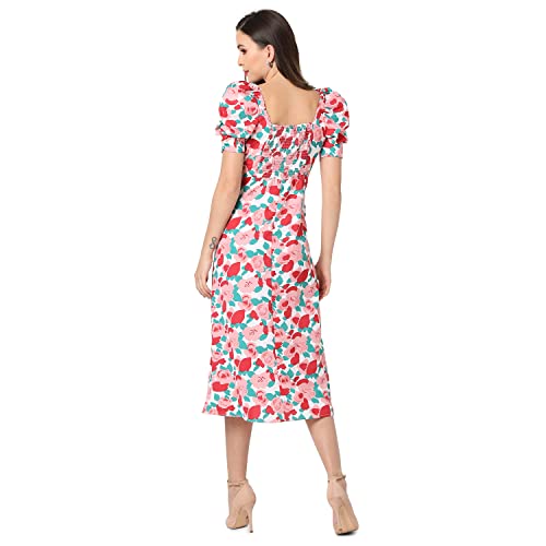 Image of PINACOLADA Women White & Pink Floral Printed Knee Length Casual Dress