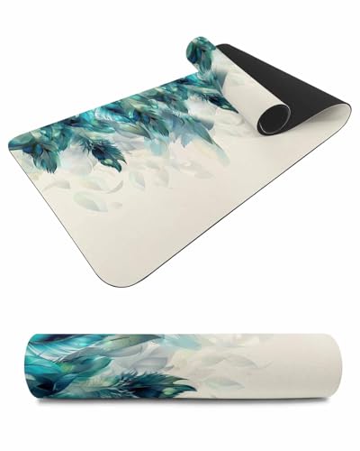 Debedcor Heat Proof Table Pads Waterproof Decorative, Turquoise Feather Non-Slip Table Countertop Protector, Farmhouse Rustic Modern Beige Insulation Mat for Dining Room, 48 x 12 Inches