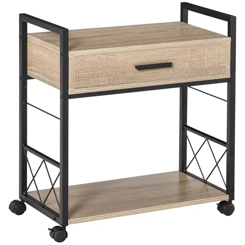 HOMCOM Beistelltisch Servierwagen mit Rädern Küchenwagen Kaffeetisch mit Schublade Ablage Sideboard beweglich Spanplatte Natur 60 x 30 x 65 cm