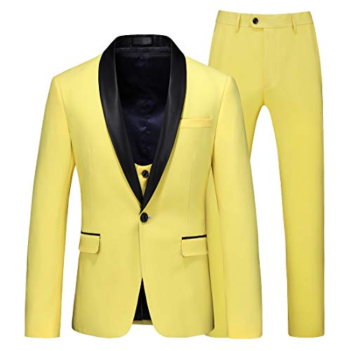 HBDesign Men 3 Piece 1 Button Shawl Lapel Fashion Fit Yellow Suits (Jacket+Vest+Pants)