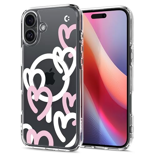 Image of Spigen Ultra Hybrid MagFit Back Cover Case for iPhone 16, MagSafe Compatible, Air Cushion Technology - PC+TPU | Hearts White Pink