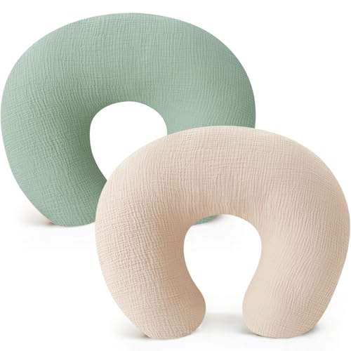 Image of Konssy 2-Pack Muslin Nursing Pillow Covers, Soft & Adorable Nursing Covers for Breastfeeding Pillows, Slipcovers for Newborn Boys & Girls(Cream, Green)