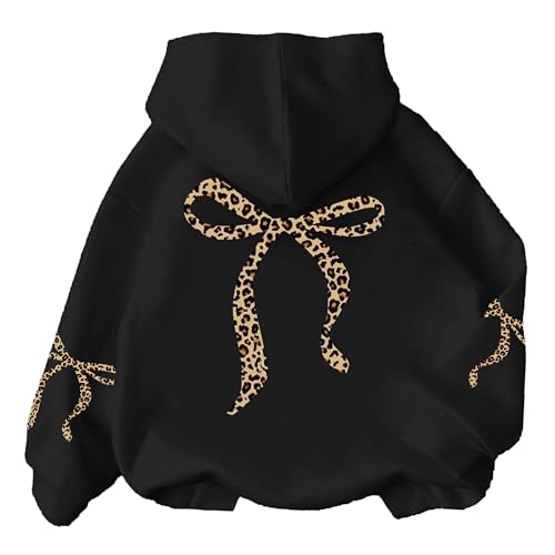 Girl's Bow Leopard Hoodies Cheetah Graphic Long Sleeve Pullover Tops Preppy Cute Sweatshirts Hoodies