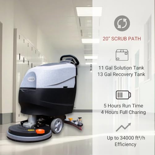 Walk-behind compact floor scrubber in use on commercial floor for efficient cleaning