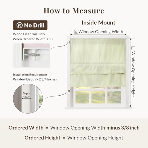 Image of TWOPAGES No Drill Cordless Farmhouse Ticking Stripe Roman Shades Roman Blinds for Windows, Custom Made Light Filtering Blackout Blinds Shades for French Door, Olivine Pinstripe, 1 Piece