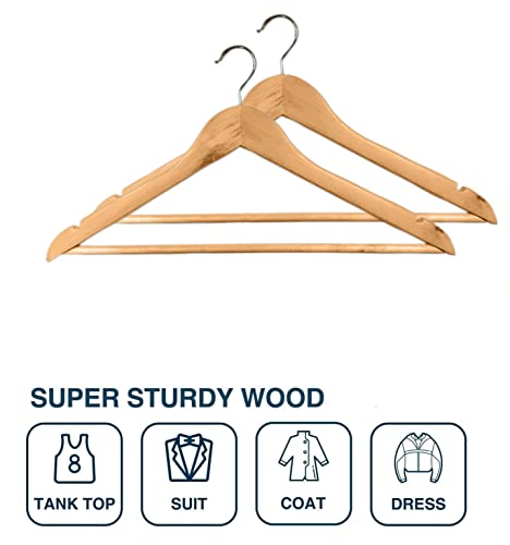 Straame Home | Strong Brown Wooden Coat Hangers |Made with Natural Wood and Non-Slip Trouser bar | Extra Smooth Finish | Strong Shoulder Notches | Pack of 20