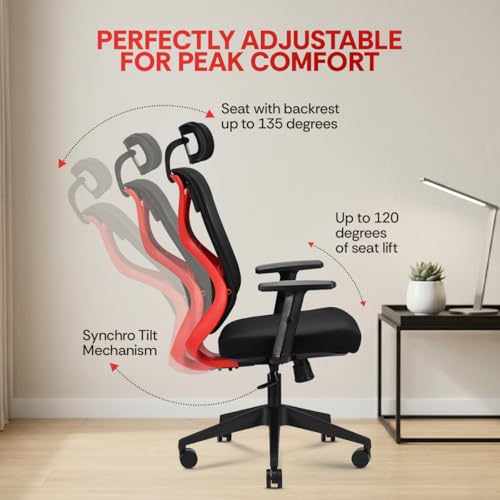 Image of IAFA FURNITURE Ergolux High Back Ergonomic Office & Study Chair | 3 Year Warranty | Adjustable Height, Tilt Lock, 2D Headrest, Adjustable Arms & Lumbar Support | Nylon Base | DIY | (Red)