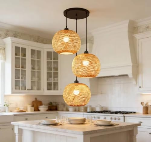 Image of Boho 3-Light Rounded Basket Pendant Light Semi-Globe Rattan Woven Cluster Hanging Lamp for Dining Table, Cafe & Living Room Decor