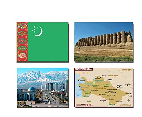 4 Stück türkmenistanische Kühlschrankmagnete – türkmenistanische Flagge Türkmenistanische Karte Turkmenistanische Attraktionen