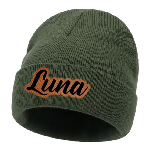 Custom Name Beanie Hats for Baby Boys Girls, Personalized Leather Patch Beanies for Infants Toddlers Adults