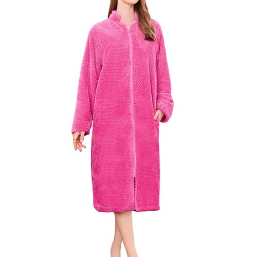 HEARTNICE Womens Flannel Zipper Robe Soft Warm Robes for Women Cozy Long Sleeve Loungewear Luxurious Nightgown with Pockets(Rose L/XL)