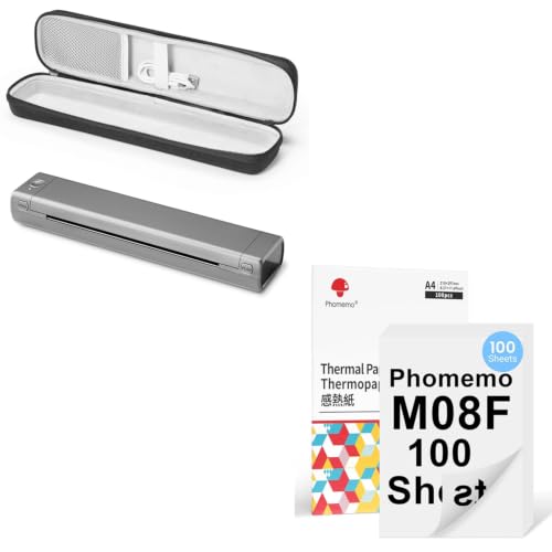Impresora portátil A4 Phomemo M08F gris con funda protectora y 100 hojas térmicas de doble cara
