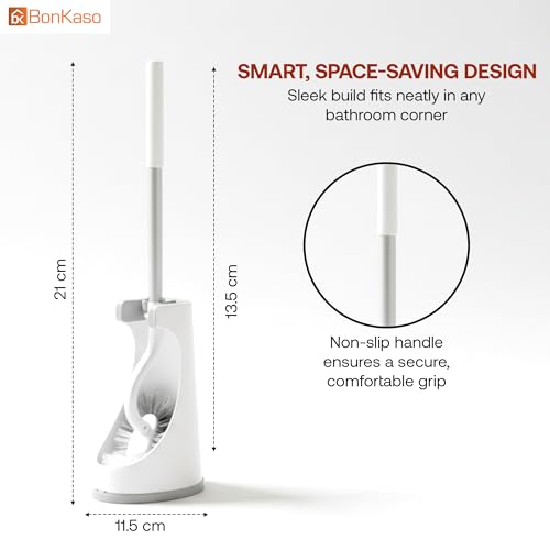 Image of BonKaso Tilly Toilet Brush with Holder for Bathroom Cleaning | TPR Soft Bristles & Anti-Scratch Design | Ergonomic Handle Toilet Brush for Deep Cleaning | Durable, Quick Drying - Light Grey & White