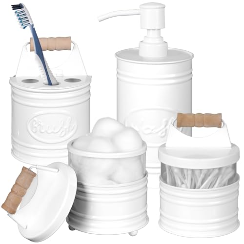 Autumn Alley Rustic Bathroom Accessories Set 4 - White Farmhouse Soap Dispenser, Rustic Toothbrush Holder, 2 Apothecary Jars Qtip Holder - Rustic Bathroom Decor – Farmhouse Bathroom Accessories