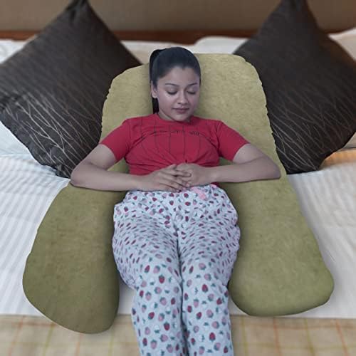 Image of U-Shaped Sleeping Pregnancy Pillow| Removable Cotton Covers| PregnoCare Fibres| Maternity, Nursing| Full Body Soft-Support Bump, Head, Back, Shoulder, Hips, Legs and Belly (Green)