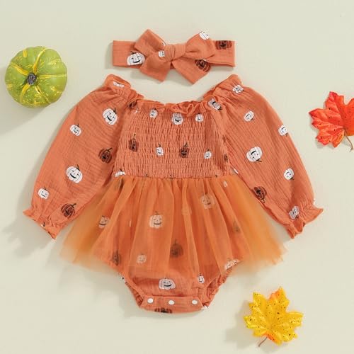 Baby Girl Halloween Outfit Newborn Pumpkin Romper Dress Puff Sleeve Ruffle Bodysuit Jumpsuit Fall Clothes2