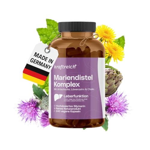 Leber Komplex – mit Mariendistel (80% Silymarin), Artischocke, Löwenzahn & Cholin – 240 Kapseln – hochdosiert, ohne Zusätze, im Apothekerglas, laborgeprüft, in Deutschland produziert – kraftreich®