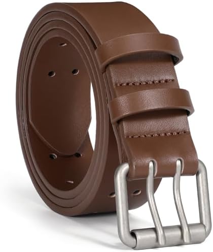 XZQTIVE Men's Double Prong Leather Casual Jeans Belt, Heavy Duty Double Pin Buckle Belt for Work, Business and Daily Wear