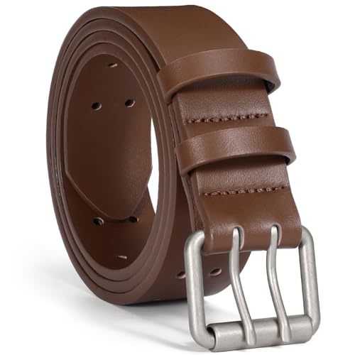 Image of XZQTIVE Men's Double Prong Leather Casual Jeans Belt, Heavy Duty Double Pin Buckle Belt for Work, Business and Daily Wear