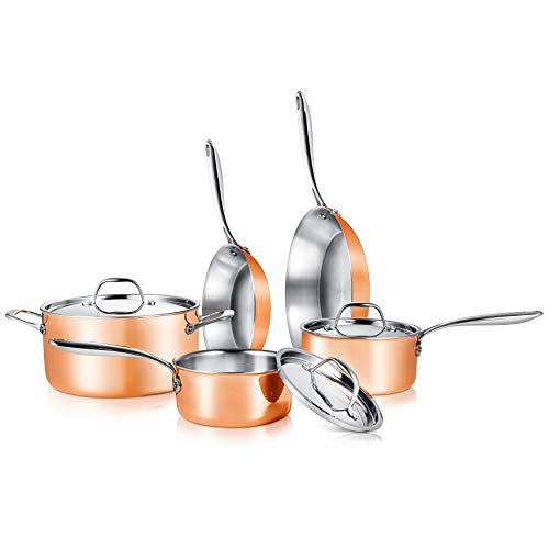 Comparison: Best Stainless Steel Pots With Copper Bottoms 4 NutriChef 8 Pcs. Stainless Steel Cookware Set - Kitchenware Pots & Pans Set Stylish Kitchen Cookware w/Cast SS Handle, Tri-Ply Authentic Copper, for Saucepan, Casserole, Frying Pan, Lids - NCCW8SS