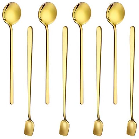 ACKLLR 8 Pack Espresso Spoon & Long Handle Stirring Spoon,Stainless Steel Gold Mini Teaspoon Set for Coffee Sugar Dessert Cake Ice Cream Soup Antipasto Cappuccino Appetizer Mixing Milkshake Cocktail Cover