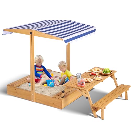 MAGIC UNION Kids Sandbox with Foldable Picnic Table, 3 in 1 Wooden Large Sandpits with Lid and Adjustable Cover Outdoor, Covered Kid Sandpits W/Bottom Liner for Backyard, Garden, Lawn, Poolside