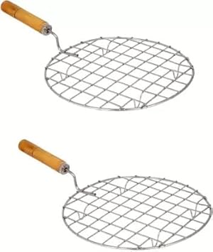 Kitchen Round Stainless Steel Roaster Papad Jali, Barbecue Grill with Wooden Handle (Pack of 2)