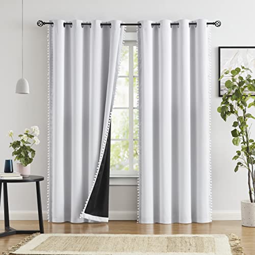 Jubilantex White Pom Pom Blackout Curtains 52x84 Inches Grommet 2 Panels