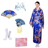 Japanese Kimono for Women Geisha Costume Asian Dress Anime Costume Yukata Cardigan Robe Mask Hand Fan Socks Set(Dark Blue)
