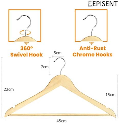 EPISENT Home Non-slip Premium 20 Pack Wooden Coat Hangers with Round Trouser Bar & Shoulder Grooves - 360 Degree Rotatable Hook, Durable & Slim Hangers for all Kinds of Clothing.