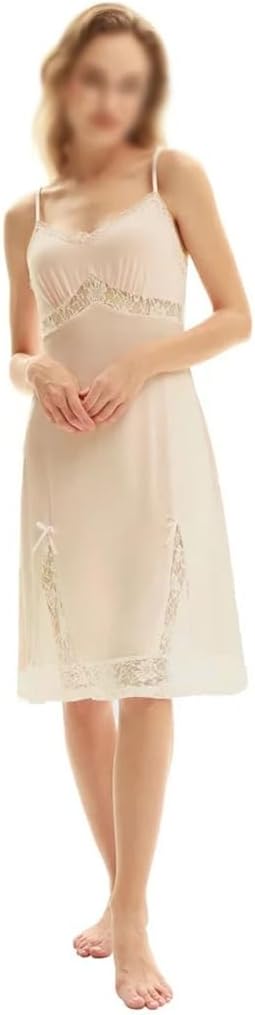 Women's Lace Full Lining Cotton V-Neck Pajamas Pajamas Thin Strap V-Neck A Line Slip Skirt(Beige,X-Large)